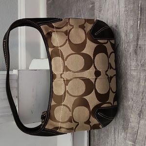 Coach Hobo Shoulder HandBag Brown Signature 10763 with dark brown leather